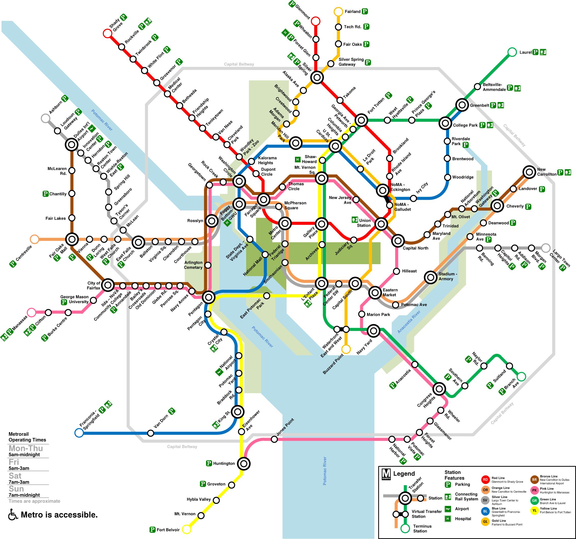 Kaart van de metro van Washington DC metrolijnen en metrostations van